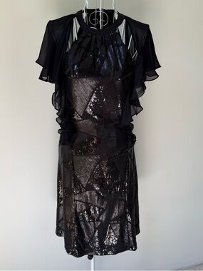 Tufi Duek Black Sequin Dress Silk Ruffle Sleeves Cocktail Party Chic SZ XS